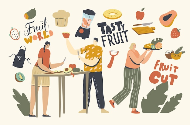 Male and Female Characters Cut Different Fruits for Serve Table. Men and Women Peeping and Curving Garden and Exotic Tropical Fruit Assortment, Healthy Eating, Hobby. Linear People Vector Illustration