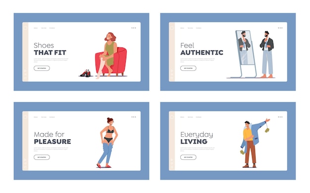 Male and Female Characters Dressing Up Landing Page Template Set Men and Women Put on Clothes at Morning