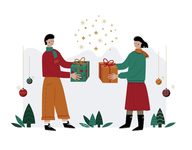 Male and female characters exchange gifts for Christmas and New Year Seasonal celebrations