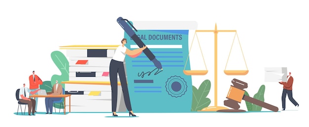 Male and Female Characters Get Notary Professional Service Concept. People Visit Lawyer Office for Signing Legal Documents. Tiny Secretary with Huge Pen Sign Documentation. Cartoon Vector Illustration