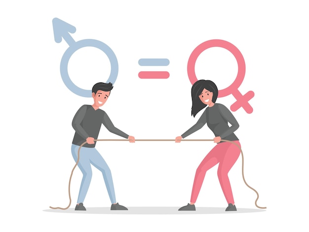 Male and female characters pulling rope against each other vector