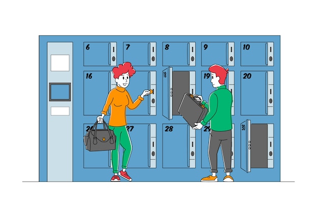 Vector male and female characters use luggage keeping service put bags into paid numbered lockers