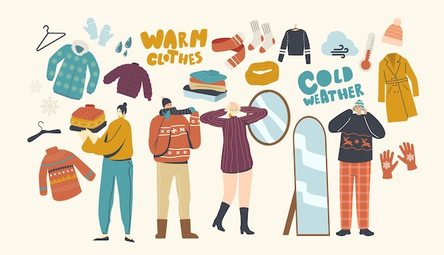 Male or Female Characters Wearing Warm Clothes Young People in Woolen Knitted Handmade pullover, Scarves and Hats. Fashion for Cold Winter or Autumn Weather Outdoor Walking. Linear Vector Illustration