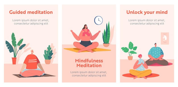 Male and Female Characters Yoga Class and Sport Activities Cartoon Banners Yogi Men and Women Meditate in Large Hall Sitting in Lotus Posture Healthy Lifestyle Leisure Mind Balance Vector Posters