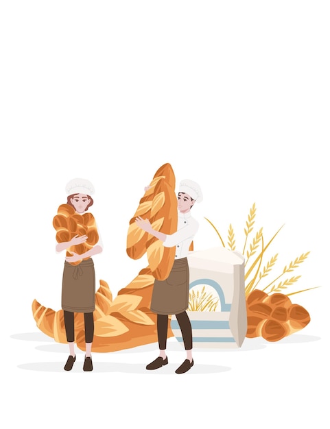 Male and female chef cook holding big bread in hands professional bakery cartoon character design flat vector illustration isolated on white background