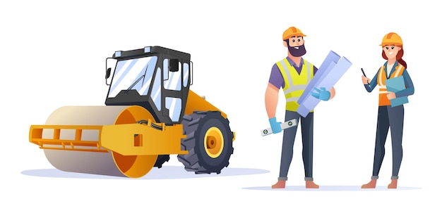 Male and female construction engineer characters with steamroller compactor illustration