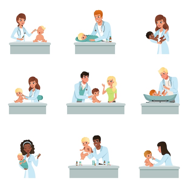 male and female doctors checkup for little kids Illustrations on a white background