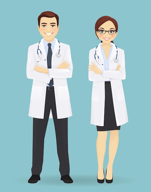 Male and female doctors isolated on blue background. Man and woman profession characters