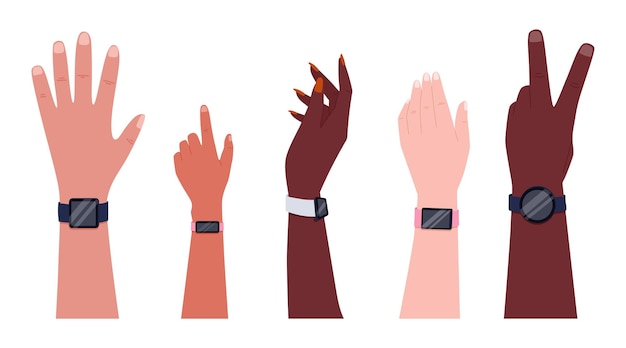 Male and female Hands of people of different ethnic groups with smart watch or fitness bracelet Set of vector flat arms