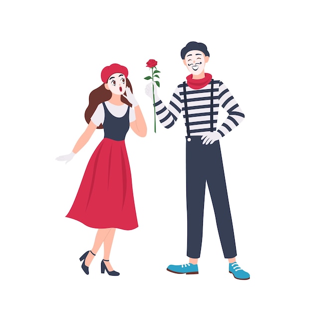 Male and female mimes isolated. Cute funny boy giving rose flower to girl