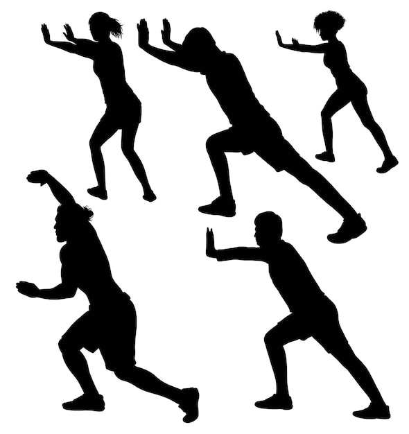 Male and female people pushing action pose silhouette