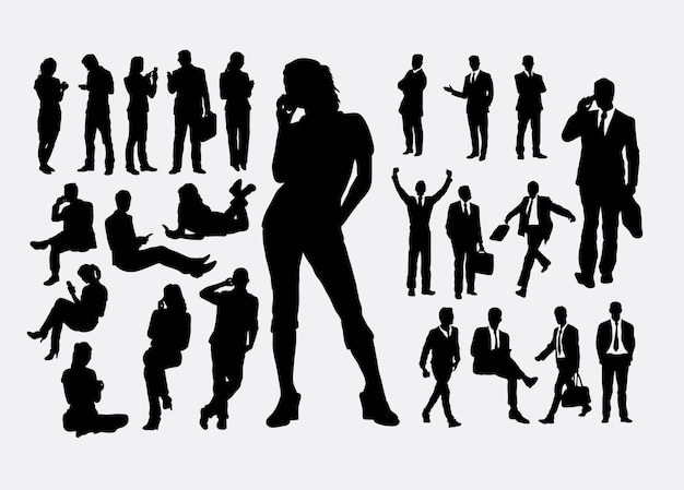 Male and female people with handphone silhouette