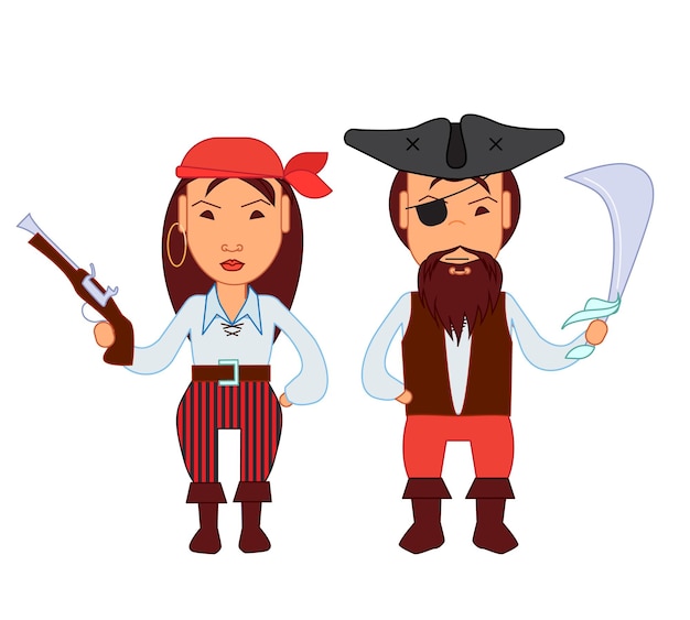 Male and female pirate holding gun and sword with a treasure chest