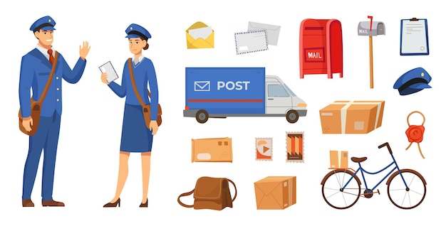 Vector male and female postman characters illustrations set