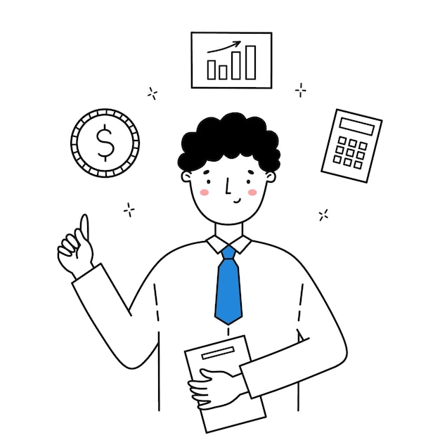 Male financial advisor giving consultation hand drawn illustration in doodle style