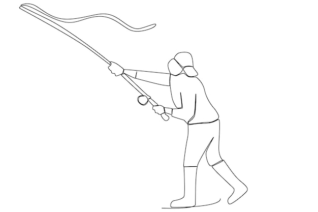 A male fisher swinging a rod to catch a fish outdoor one line art