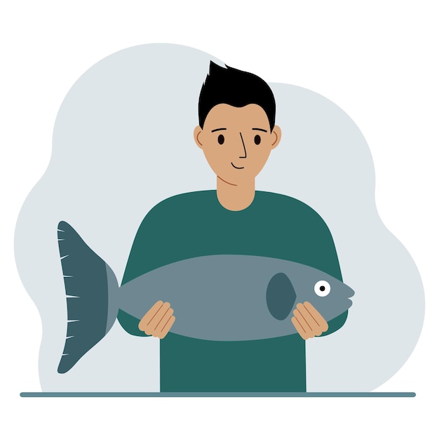 A male fisherman holds a large fish proud of good fishing or hunting Hobby fishing concept