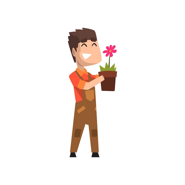 Male florist holding flowerpot, hobby or profession vector Illustration isolated on a white background.