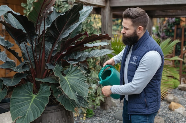 Vector male florist at work in a flower garden