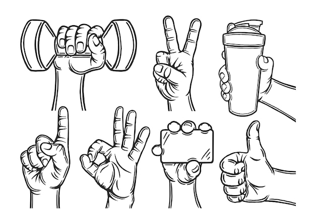 Male hand gestures set Outline silhouette