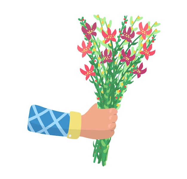 Male hand hold spring blossom flower male arm give present bouquet pick field floret isolated on