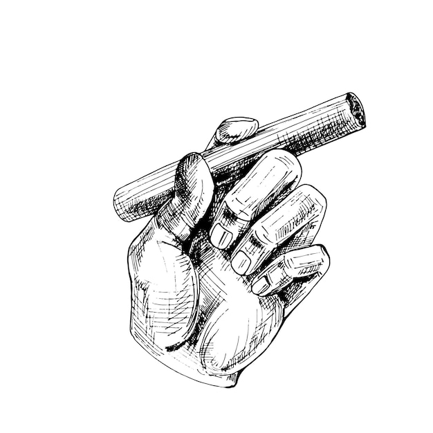 Male hand holding burning cigar. Vintage vector hatching black