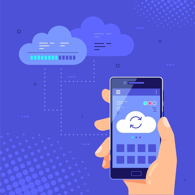 Male hand holding a cell phone with cloud synchronization icon on screen.