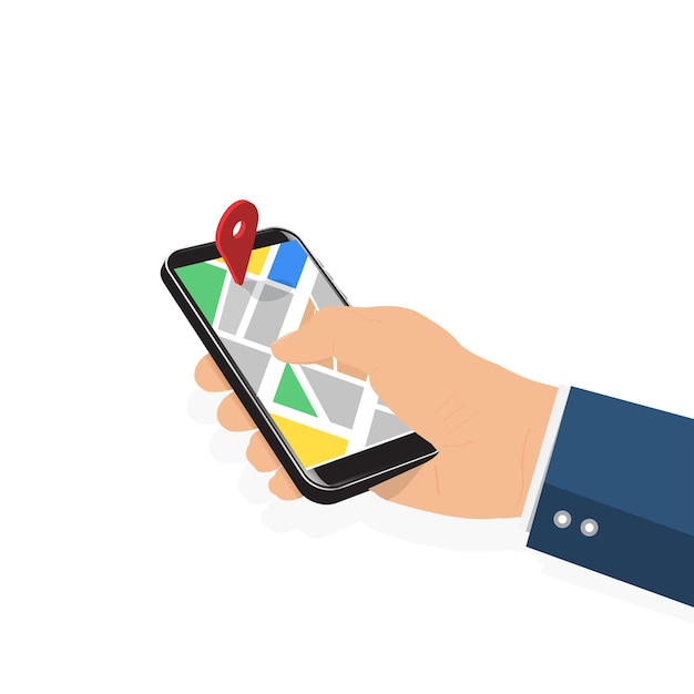 Male hand holding phone with map and pointer. Mobile gps navigation and tracking concept. Flat vector illustration for web sites, banners. Location track app on touch screen smartphone