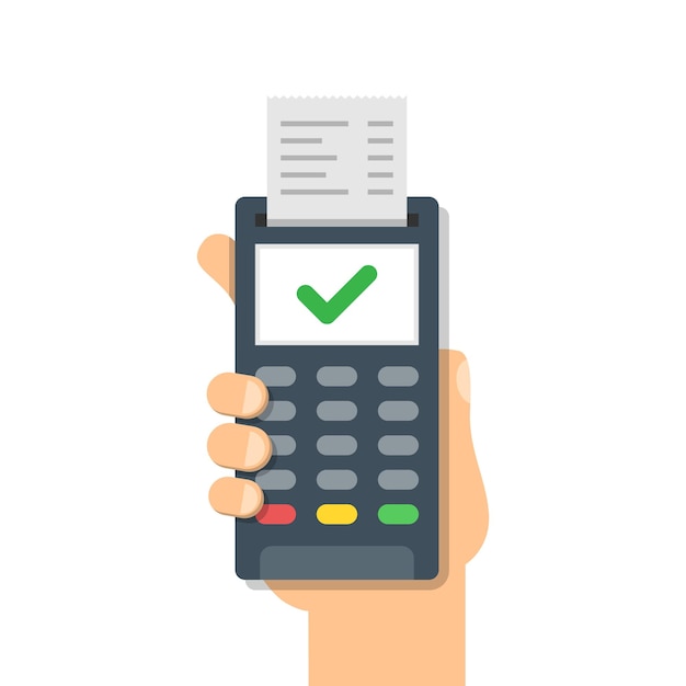 Male hand holding POS payment machine icon in flat style Online payment vector illustration on isolated background Banking transaction sign business concept