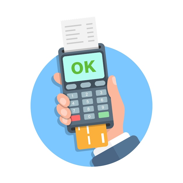 Male hand holding POS payment machine icon in flat style Online payment vector illustration on isolated background Banking transaction sign business concept