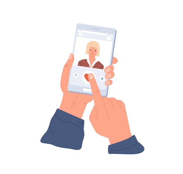 Male hands holding mobile phone and liking woman's profile in dating app. Smartphone display with application for online love dates. Colored flat vector illustration isolated on white background.