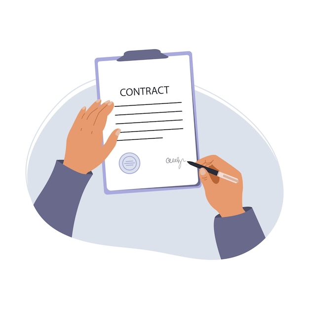 Vector male hands holding a pen and signing a document