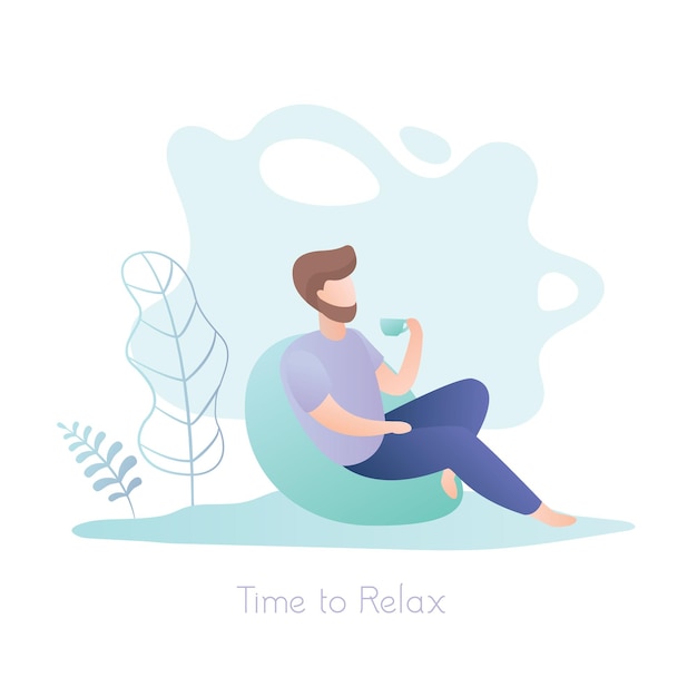 Vector male hipster or coworker with cup sitting in chair relax time outdoor break time trendy style vector