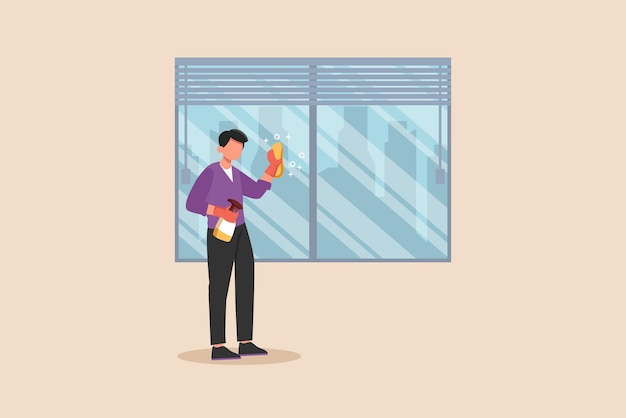 Male janitor cleaning window in office Cleaning service concept Colored flat graphic vector illustration isolated