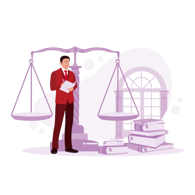 Male lawyer working in a courtroom with documents and scales of justice Law concept