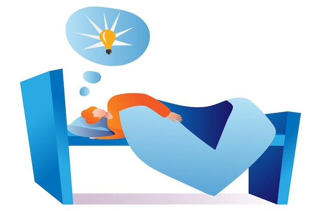 Male laying comfortably bed sleep brainstorming creative new business idea cartoon vector