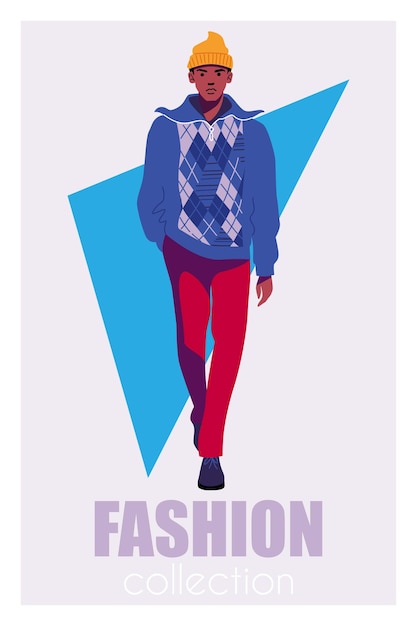 Male model dressed in haute couture clothing on fashion show flat vector poster