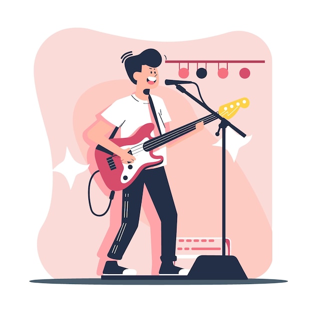 Vector male musician playing electric guitar on stage flat style vector illustration