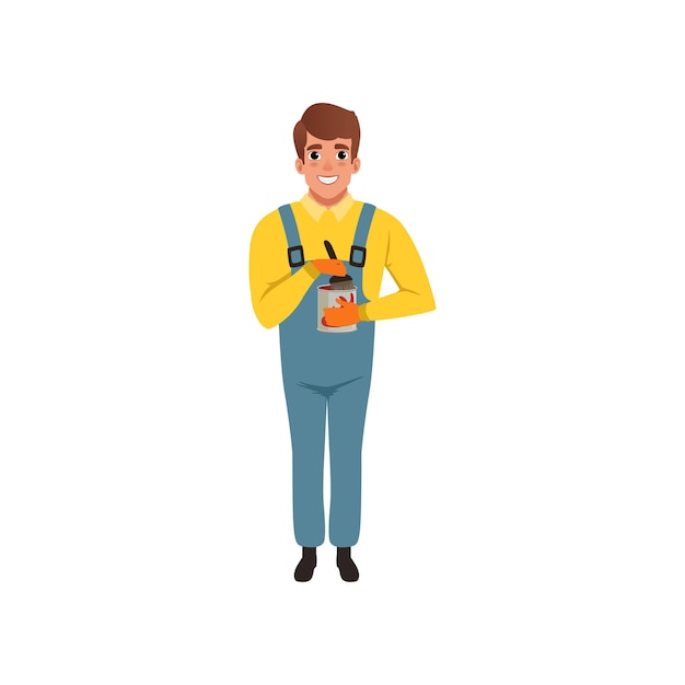 Male painter in uniform holding can of paint, house renovation concept vector Illustration isolated on a white background.