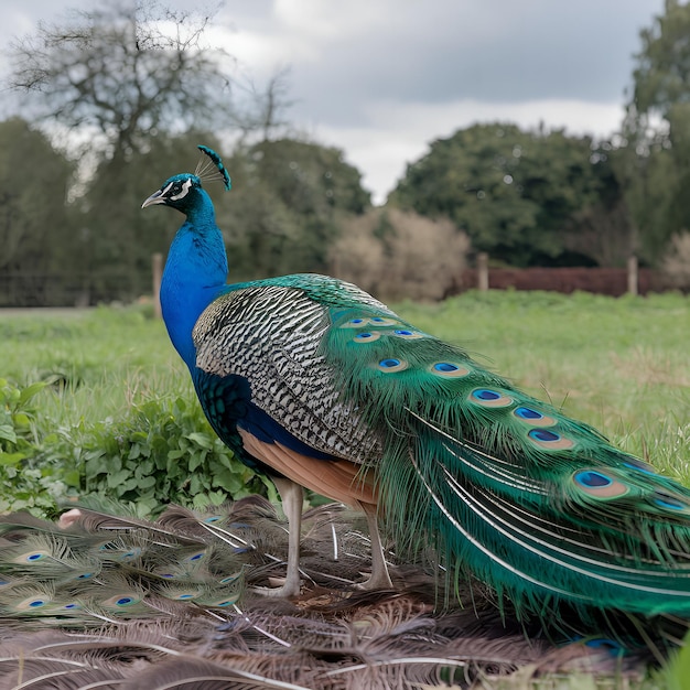 Male peacock displaying showing colorful tail