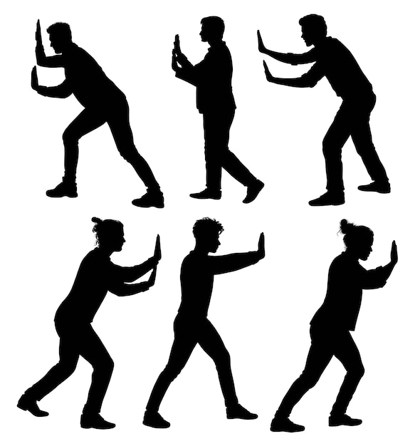 Male people pushing action pose silhouette