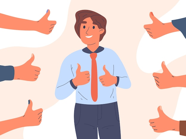 Male person positive approval Man with thumbs up surrounded public positive respect opinion acceptance flat vector illustration isolated on white background