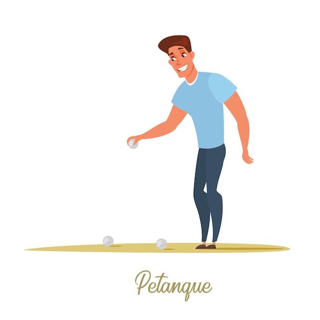 Male petanque player holding metal ball on sand