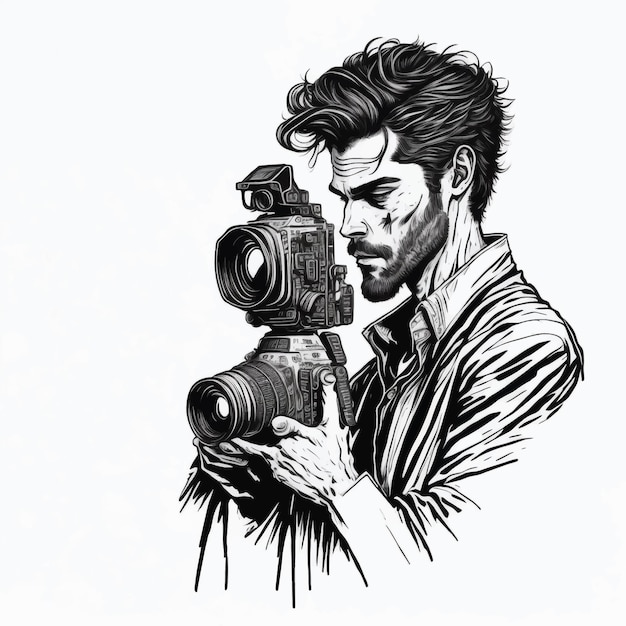 Male photographer with camera hand drawn sketch vector illustration white background