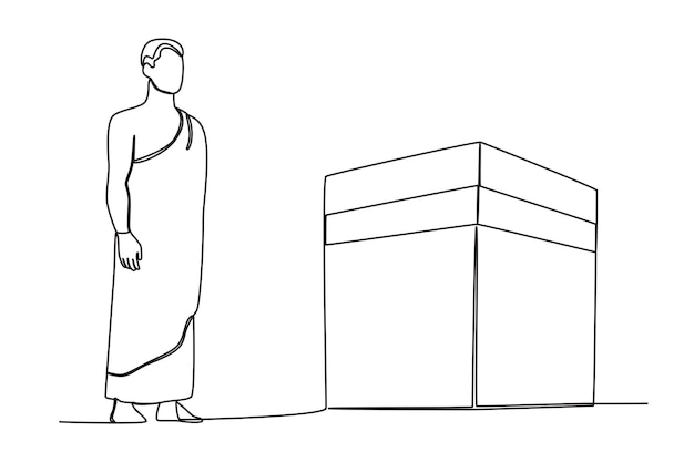 A male pilgrim standing beside the kabba Hajj pilgrims oneline drawing