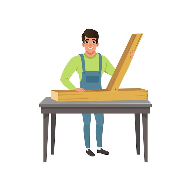 Male professional carpenter character at work vector Illustration isolated on a white background.