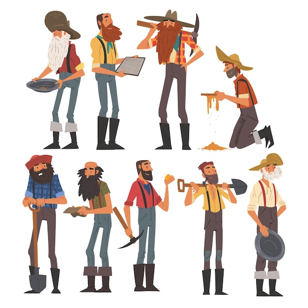 Male prospectors characters set bearded gold miners characters wearing vintage clothes with tools