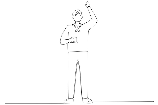 A male sailor holding binoculars while waving his hand one line art