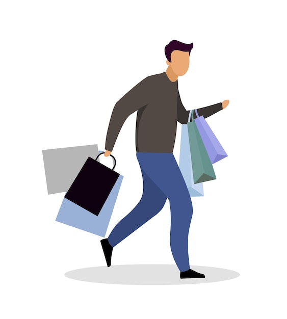 Male shopaholic flat color vector faceless character. Shopping addiction. Compulsive goods purchasing. Visiting shopping mall isolated cartoon illustration for web graphic design and animation