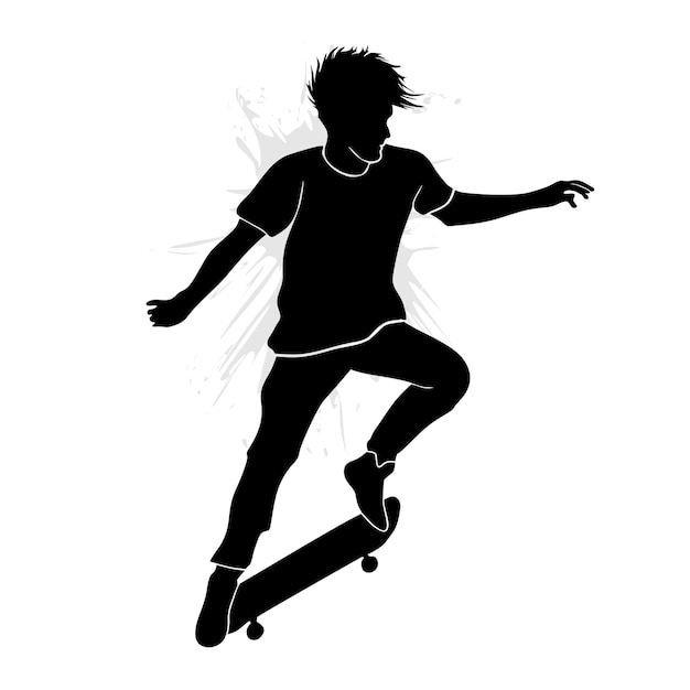 Male skateboarder in action with board isolated on white background